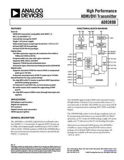Analog Devices AD9389B HDMI/DVI Transmitter Datasheet - cover page
