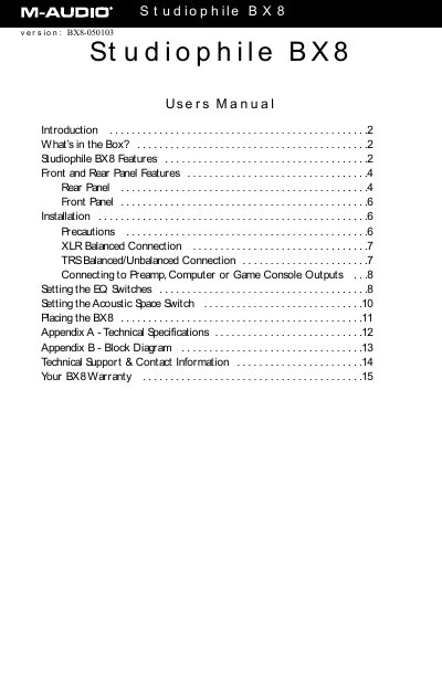 M-Audio Studiophile BX8 User Manual - cover page