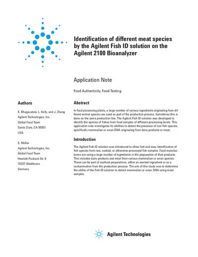 Agilent Identification of different meat species by the Agilent Fish ID solution on the Agilent 2100 Bioanalyzer Manual - cover page