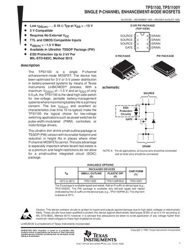 Texas Instruments TPS1100/TPS1100Y Single P-Channel MOSFET Datasheet - cover page