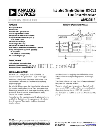 Analog Devices ADM3251E Isolated RS-232 Line Driver/Receiver Datasheet - cover page