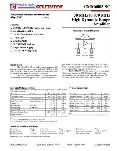 CELERITEK CMM6003-SC 50 MHz to 870 MHz High Dynamic Range Amplifier Data Sheet  - cover page
