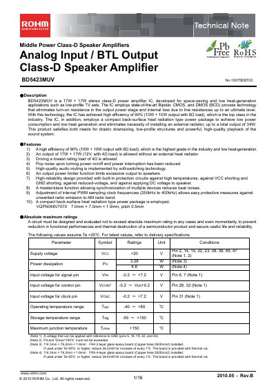 ROHM BD5423MUV Class‑D Speaker Amplifier Datasheet - cover page