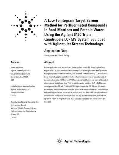 Agilent 6460 Triple Quadrupole LC/MS Application Note for PFCA/PFSA Detection - cover page