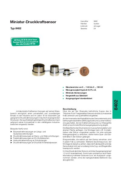 Burster 8402 Miniature Force Sensor Product Data Sheet - cover page