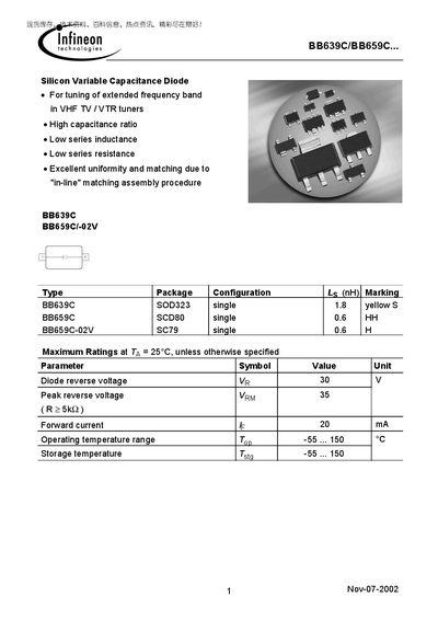 Infineon BB639C/BB659C Variable Capacitance Diode Datasheet - cover page