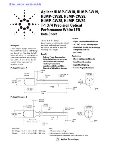 Agilent HLMP-CW18 HLMP-CW19 HLMP-CW28 HLMP-CW29 HLMP-CW38 HLMP-CW39. T-1 3/4 Precision Optical Performance White LED Data Sheet - cover page