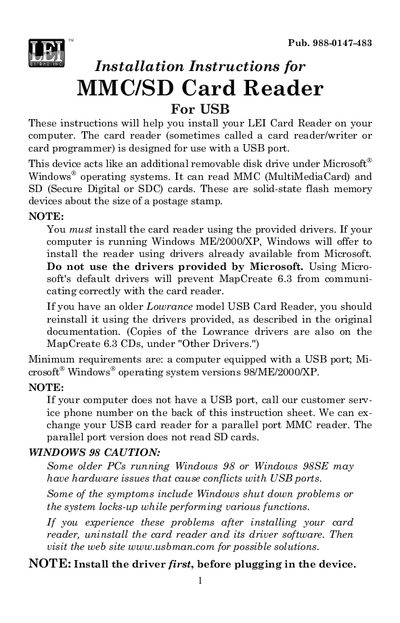 LEI Extras MMC/SD Card Reader Installation Instructions - cover page