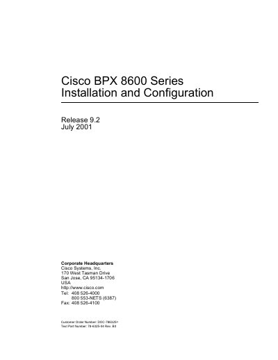 Cisco BPX 8600 Series Installation and Configuration Release 9.2 - cover page