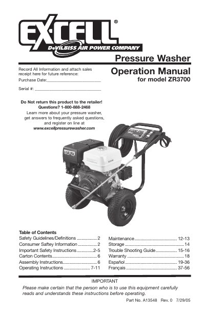 Devilbiss ZR3700 Pressure Washer Operation Manual - cover page