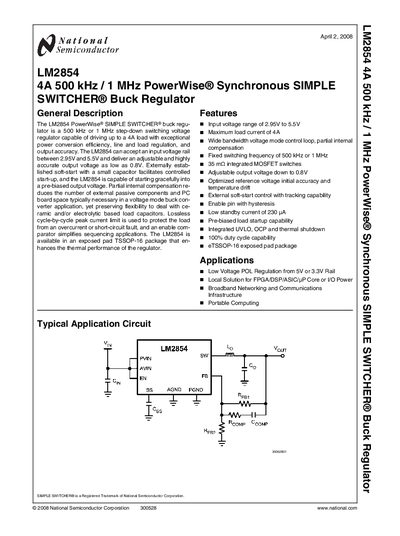 NATIONAL SEMICONDUCTOR - LM2854 4A 500 kHz 1 MHz PowerWise Synchronous SIMPLE SWITCHER Buck Regulator handbook - cover page