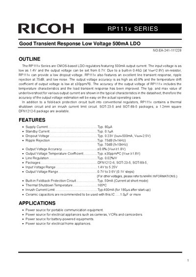 Ricoh RP111x Series LDO Regulator Datasheet