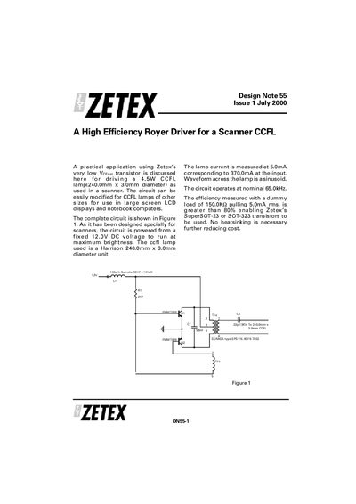 Zetex Design Note 55 High Efficiency Royer Driver for Scanner CCFL - cover page