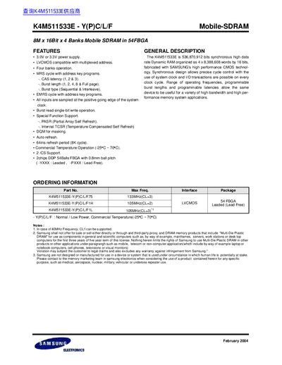 Samsung K4M511533E Mobile-SDRAM Datasheet - cover page
