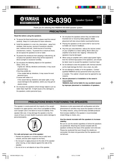 Yamaha NS-8390 Speaker System Owner's Manual - cover page