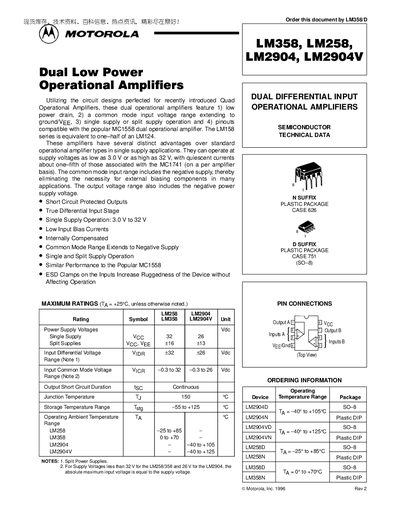 Motorola LM358/LM258/LM2904/LM2904V Operational Amplifier Datasheet