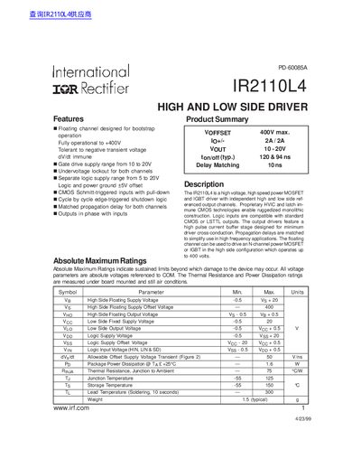 International Rectifier IR2110L4 High and Low Side Driver Datasheet - cover page