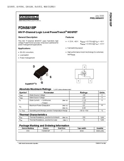 Fairchild FDN5618P 60V P-Channel PowerTrench MOSFET Datasheet - cover page
