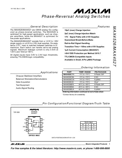 Maxim MAX4526/MAX4527 Phase-Reversal Analog Switches Datasheet - cover page