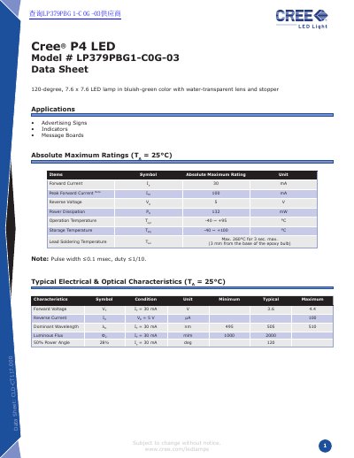 Cree LP379PBG1-C0G-03 P4 LED Data Sheet - cover page