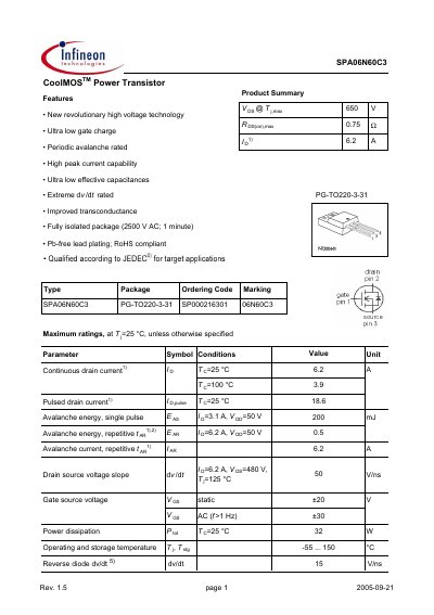 Infineon SPA06N60C3 Power Transistor Datasheet - cover page