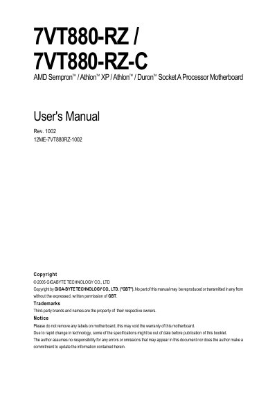 GIFABYTE 7VT880-RZ 7VT880-RZ-C AMD Sempron/ Athlon XP Athlon Duron Socket A Processor Motherboard user manual - cover page