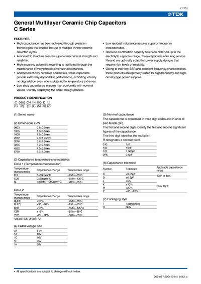TDK C Series Capacitor Datasheet - cover page