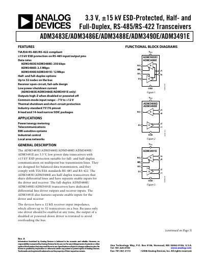 Analog Devices ADM3483E/ADM3486E/ADM3488E/ADM3490E/ADM3491E RS-485/RS-422 Transceiver Datasheet - cover page
