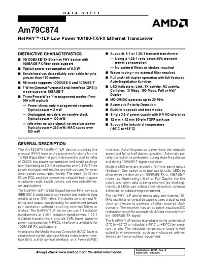 AMD Am79C874 NetPHY-1LP Low Power 10/100-TX/FX Ethernet Transceiver Datasheet - cover page