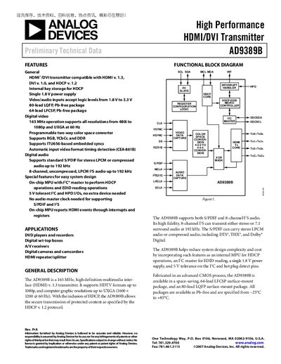 Analog Devices AD9389B HDMI/DVI Transmitter Datasheet - cover page