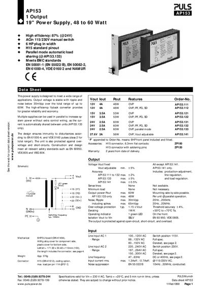 PULS AP153 1-Output 19" Power Supply 48‑60 Watt Datasheet