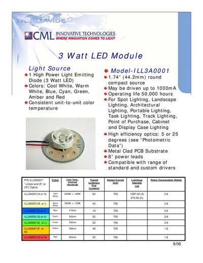 CML ILL3A0001 3 Watt LED Module Manual - cover page