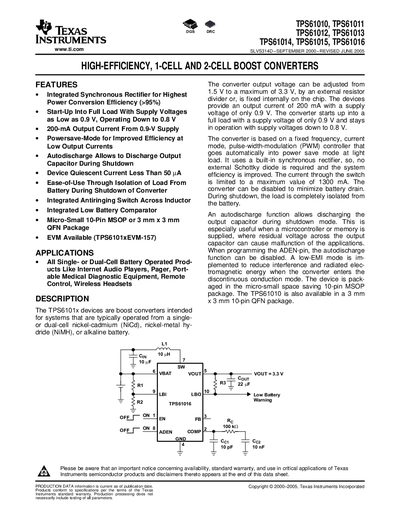 TEXAS INSTRUMENTS -TPS61010 TPS61011 TPS61012 TPS61013 TPS61014 TPS61015 TPS61016 handbook - cover page