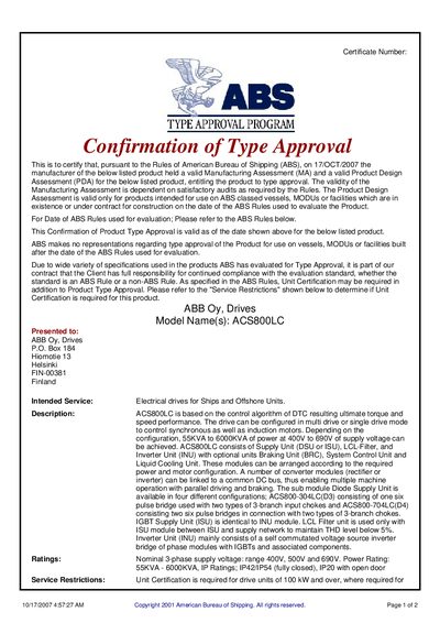 ABB ACS800LC Product Type Approval Confirmation - cover page