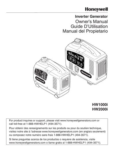 Honeywell HW1000i / HW2000i Inverter Generator Owner's Manual - cover page