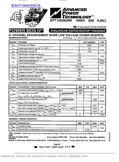 Advanced Power Technology APT10026JNR N-Channel MOSFET Datasheet - cover page