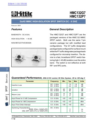 Hittite Microwave Corporation HMC132G7/HMC132P7 High-Isolation SPDT Switch Datasheet - cover page