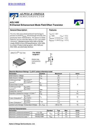 Alpha & Omega Semiconductor AOL1400 N-Channel Enhancement Mode FET Datasheet - cover page