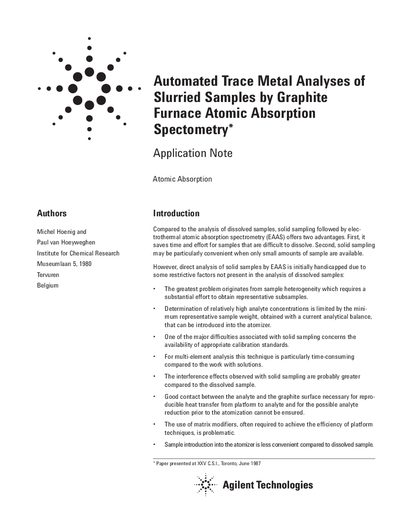 Agilent SpectrAA-10 Automated Trace Metal Analysis Application Note - cover page