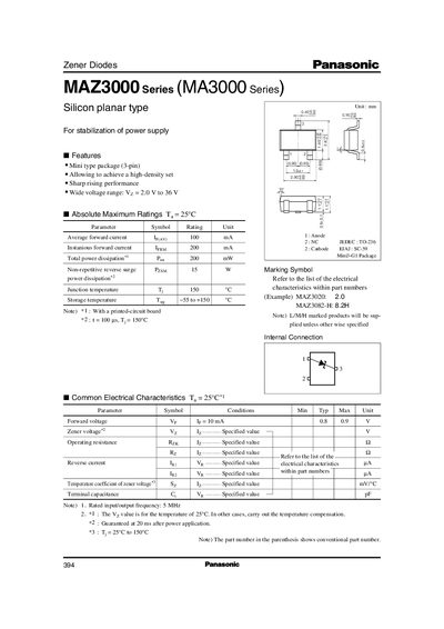 panasonic MAZ3000 Series (MA3000 Series) Silicon planar type For stabilization of power supply service manual - cover page