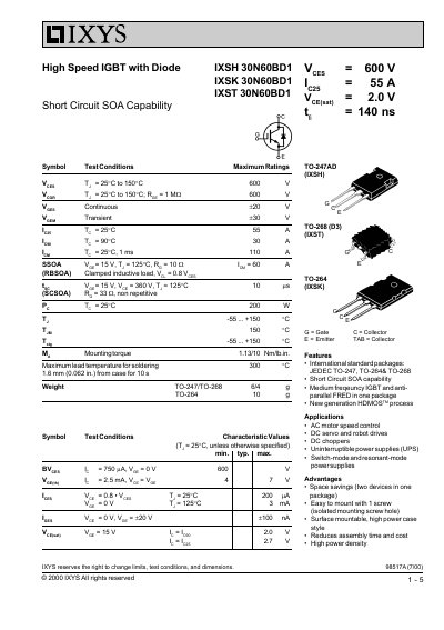 IXYS IXSH/IXSK/IXST 30N60BD1 High Speed IGBT Datasheet - cover page