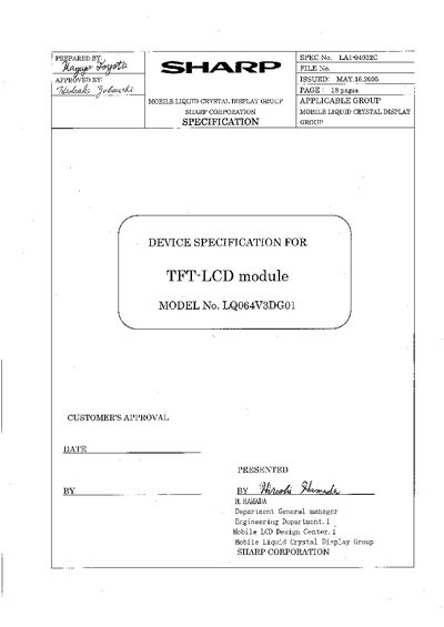Sharp LQ064V3DG01 TFT-LCD Module Specification - cover page