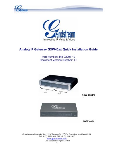 Grandstream GXW40xx Analog IP Gateway Quick Installation Guide - cover page