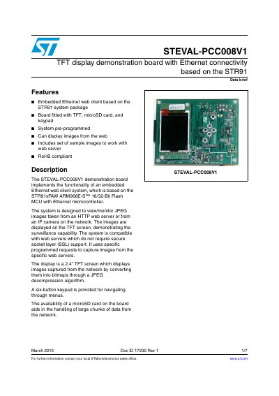 ST STEVAL-PCC008V1 TFT display demonstration board with Ethernet connectivity based on the STR91 handbook - cover page
