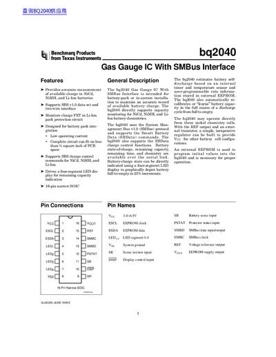 Texas Instruments bq2040 Gas Gauge IC Datasheet - cover page