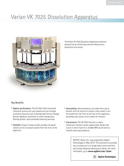 Agilent VK 7025 Dissolution Apparatus Product Leaflet - cover page