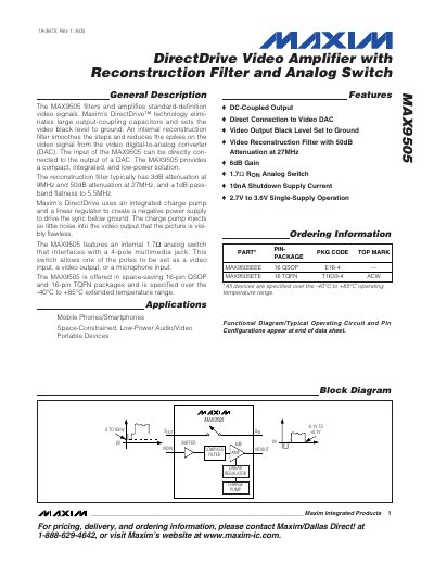 Maxim MAX9505 DirectDrive Video Amplifier Data Sheet - cover page