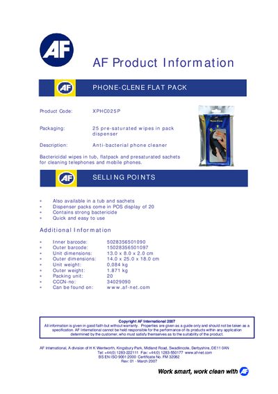 AF International PHONE-CLENE FLAT PACK Product Leaflet - cover page