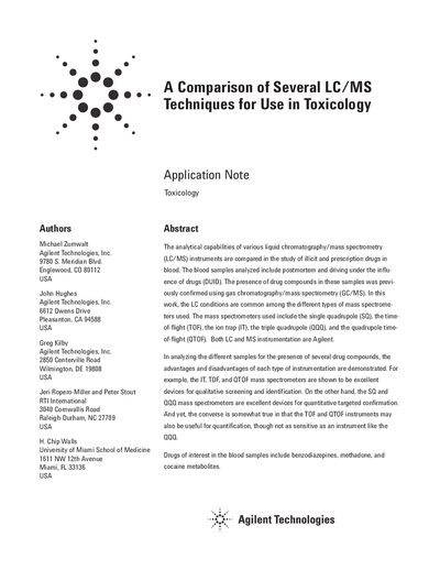 Agilent Comparison of Several LC/MS Techniques for Use in Toxicology Application Note - cover page