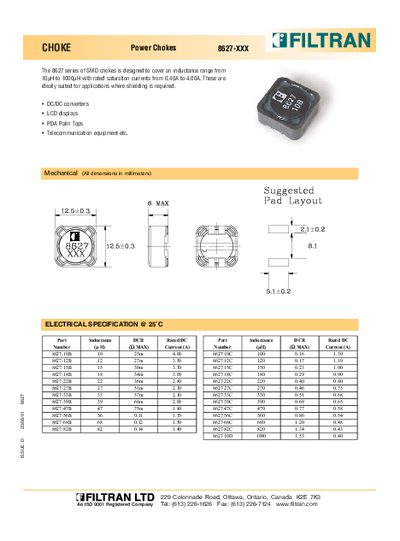 Filtran 8627-XXX Power Chokes Product Leaflet - cover page